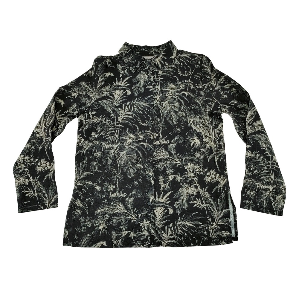 Saiph Womens Button Up Shirt M Black Tropical‎ Linen Cotton Blend Excellent